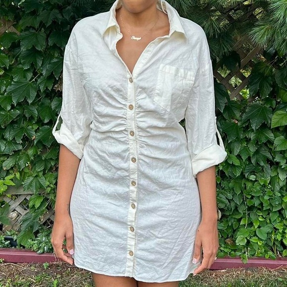 Zara Linen Blend Button Down Shirt Dresss in off white size medium - Picture 14 of 14